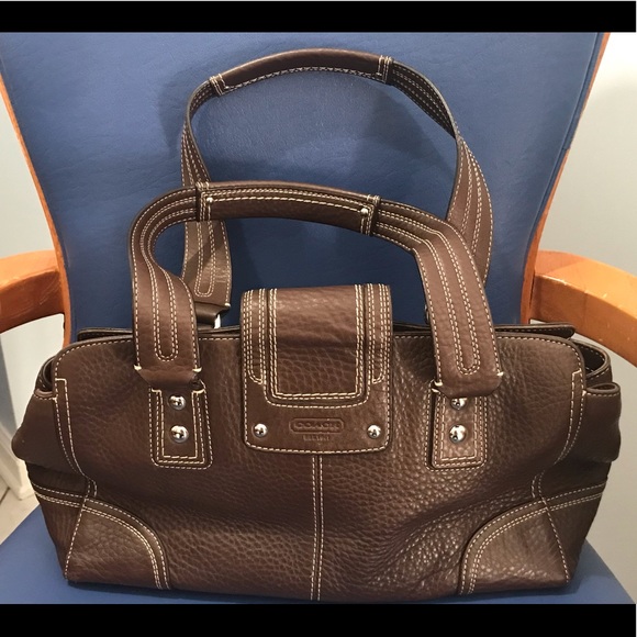 Coach brown with white stitching pebble leather turnlock/zip closure satchel - Picture 6 of 17